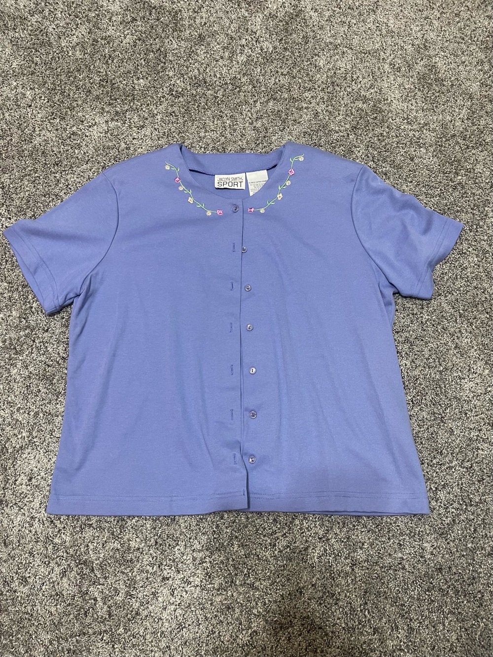 Jaclyn Smith Lavender Short Sleeve Button Front Top with Floral Neck Embroidery